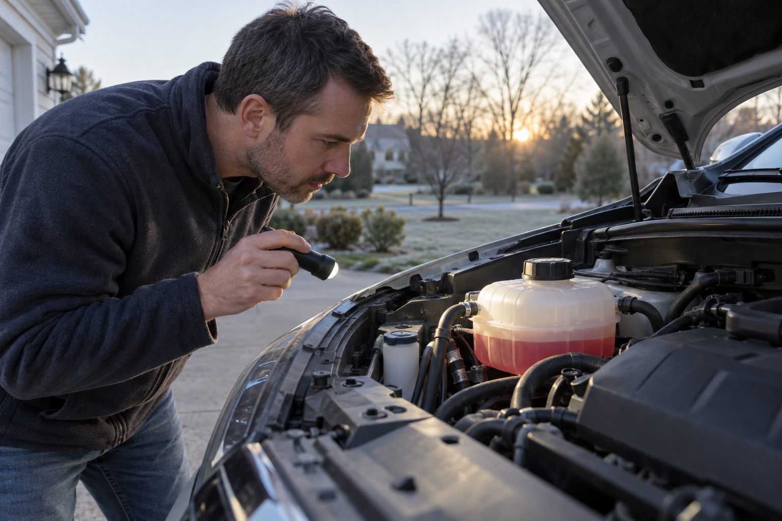 Checking fluids the morning before a hot-weather mountain drive