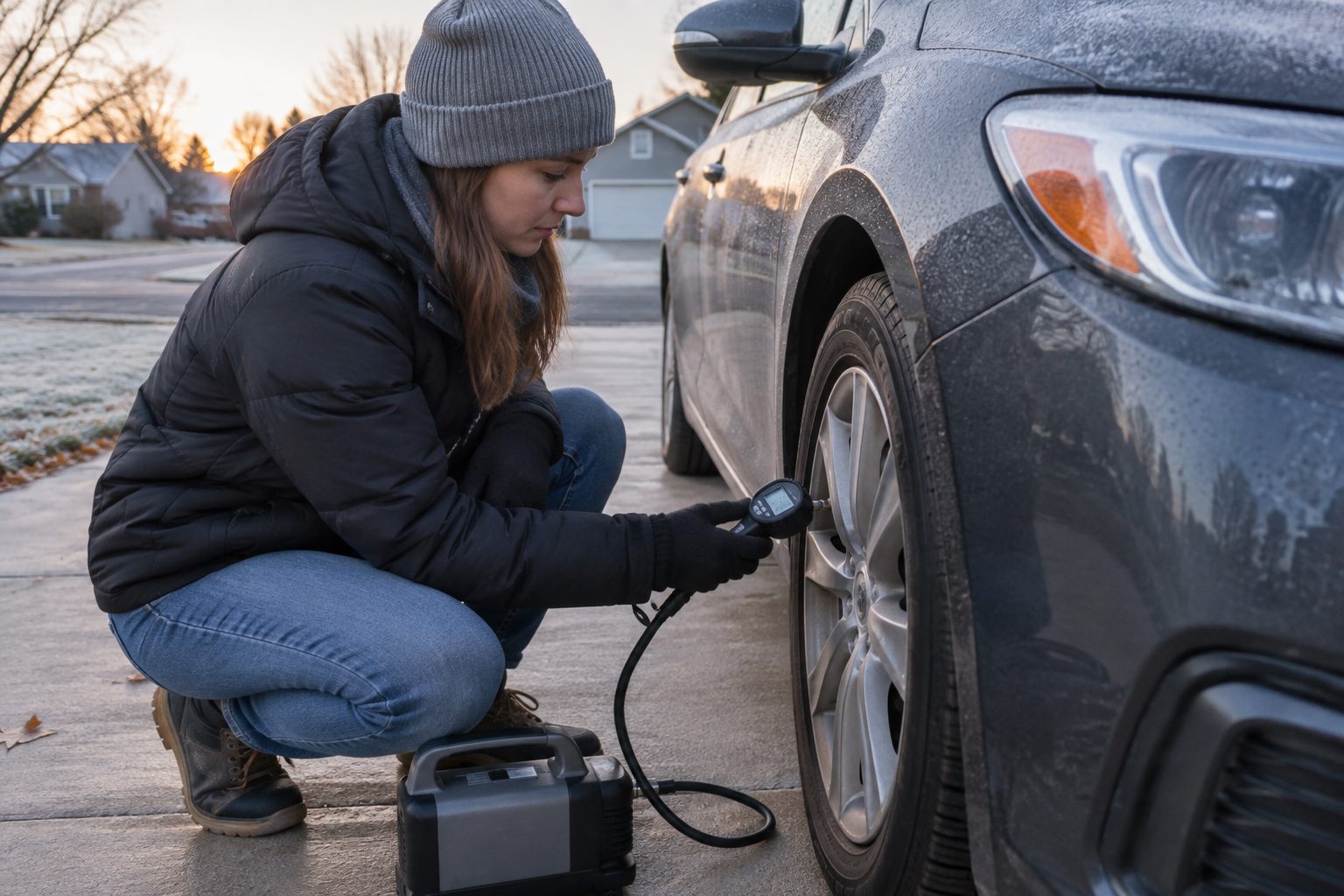 Checking all four tires before an early highway commute
