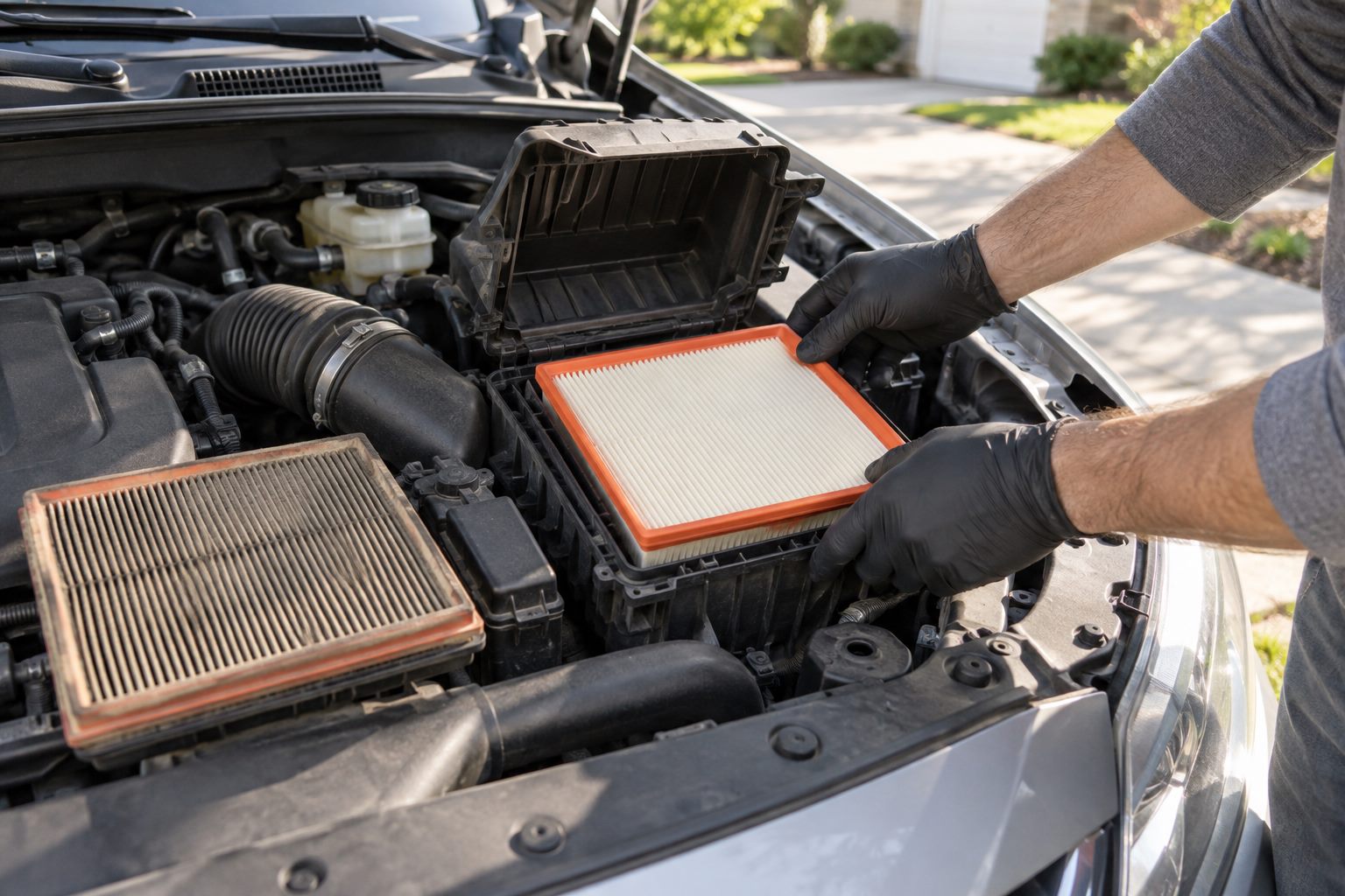 Opening the hood after noticing a dusty filter during a pre-trip check