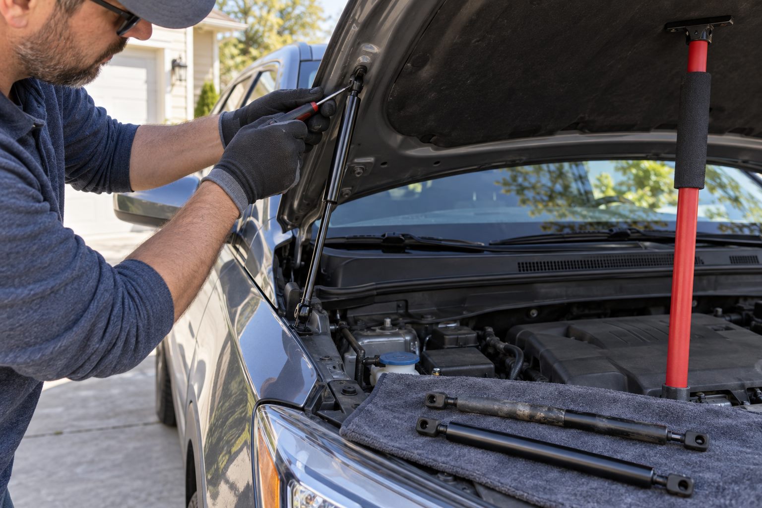 The hood begins drifting down during a routine washer-fluid refill