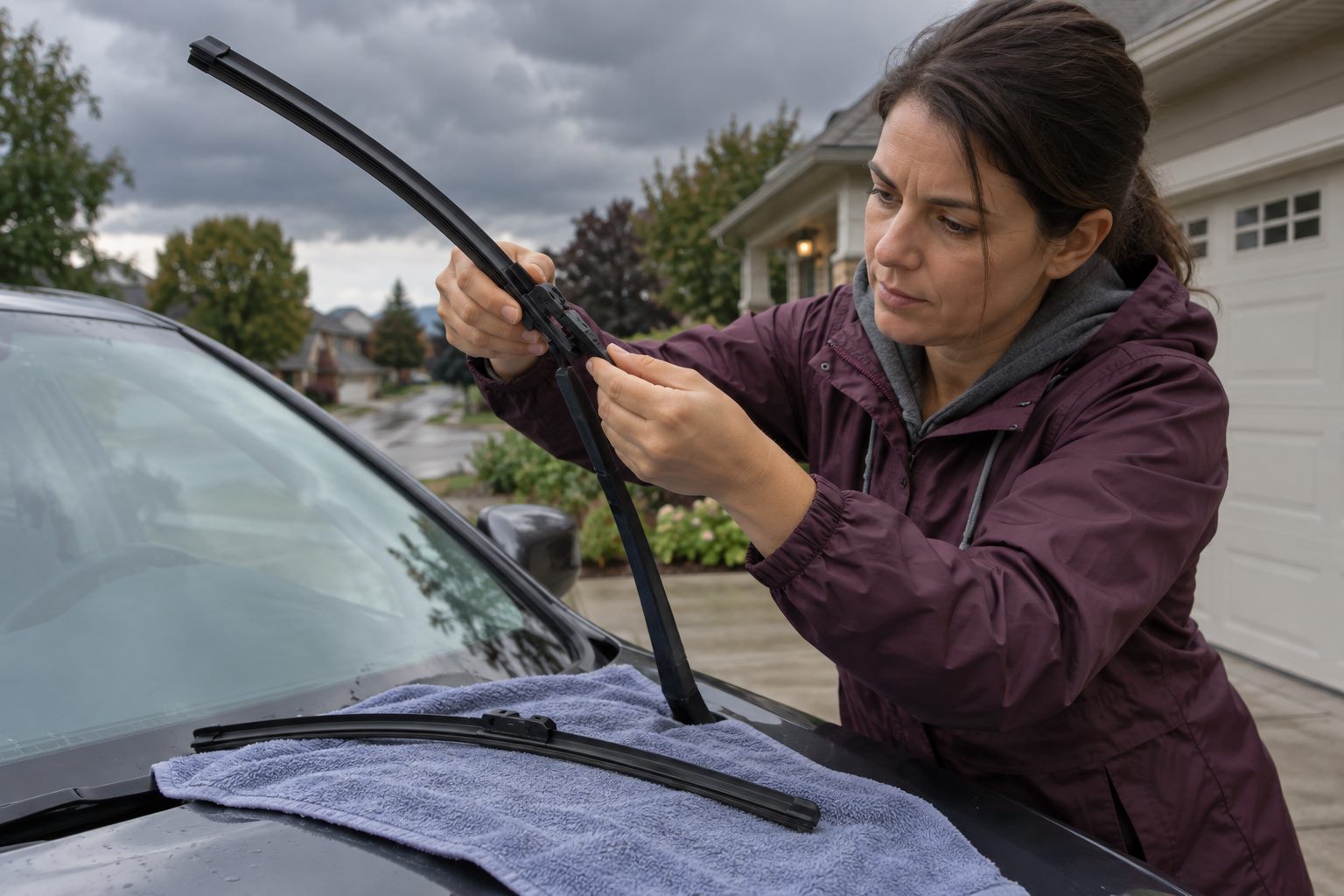 Replacing streaking blades before an evening drive in heavy rain