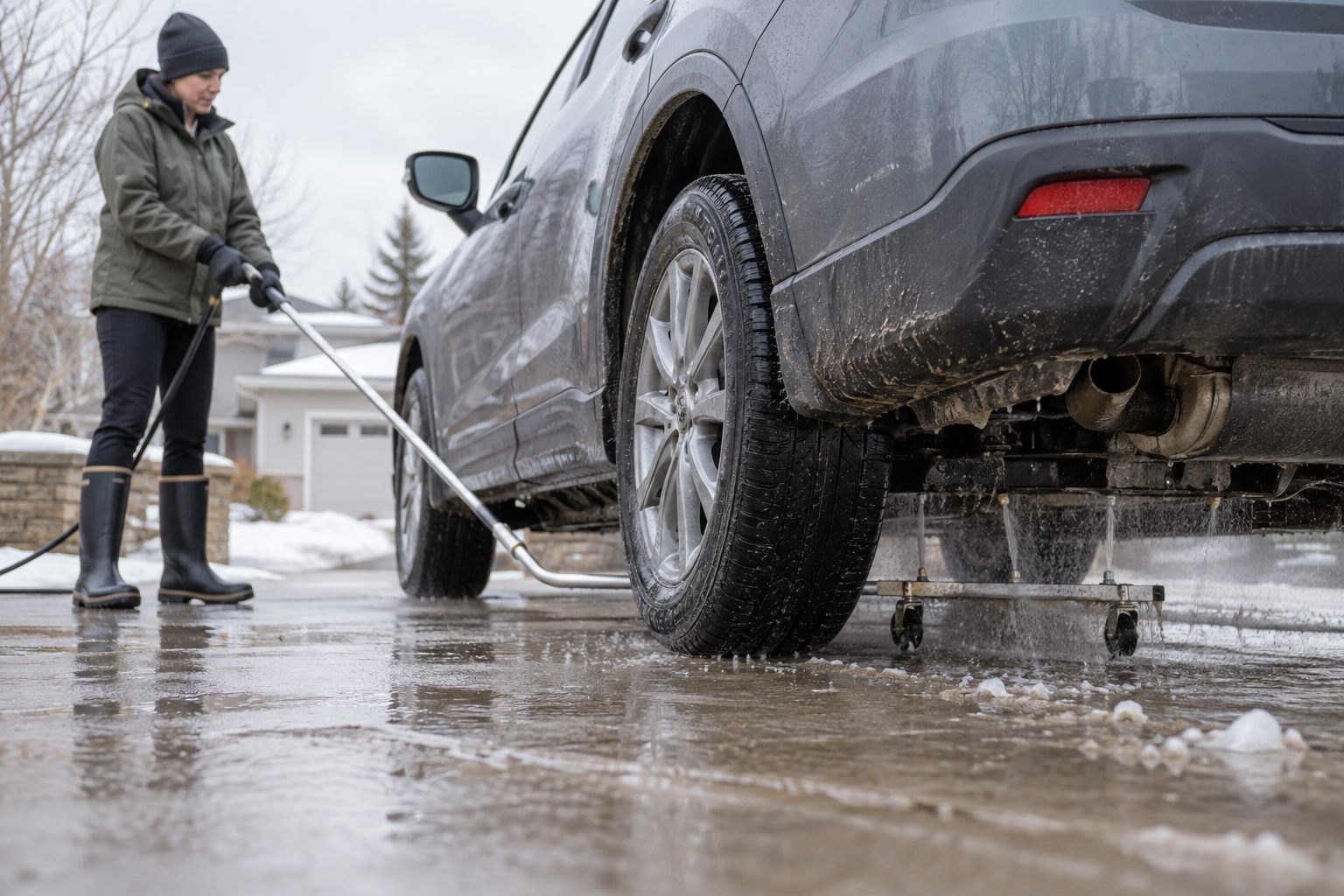 Cleaning the family crossover after the final salted-road commute of the season